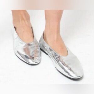 Open Edit Silver Leather Flats Minimalist Pointed Toe